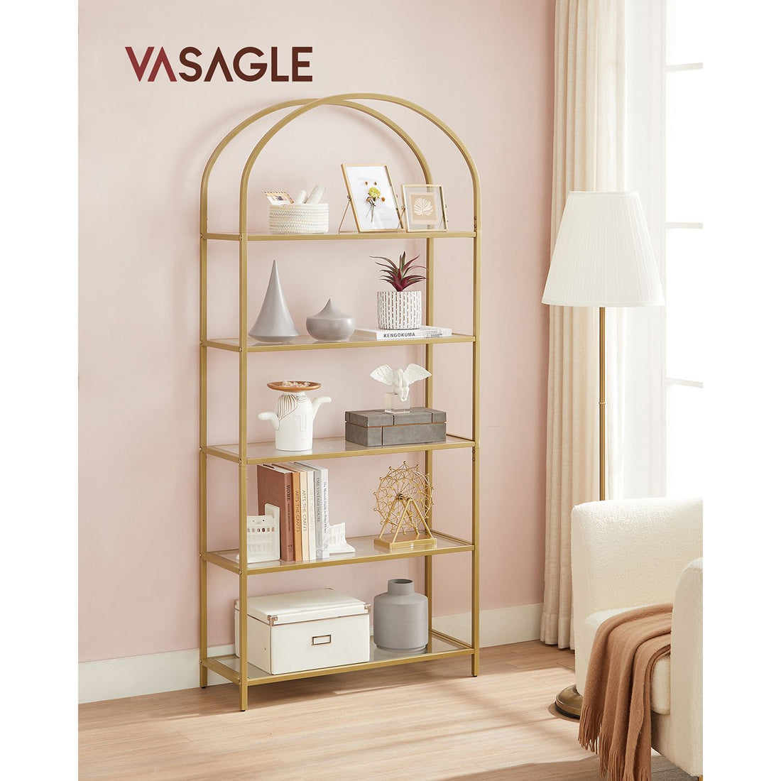 Goudkleurig transparant rek - gehard glas - stalen frame - 30,2 x 83 x 183,5 cm