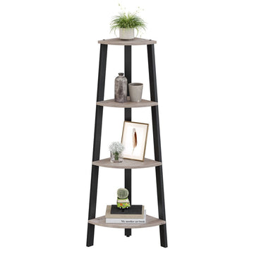 Hoekrek met 4 planken, industrieel, hout/metaal, greige/zwart, 34 x 34 x 125 cm