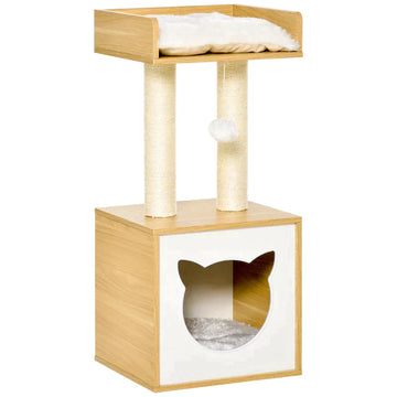 Kattennest met krabpaal en kattenhuis - Eiken | Kleur: Eiken | Afmetingen: 35x35x81 cm