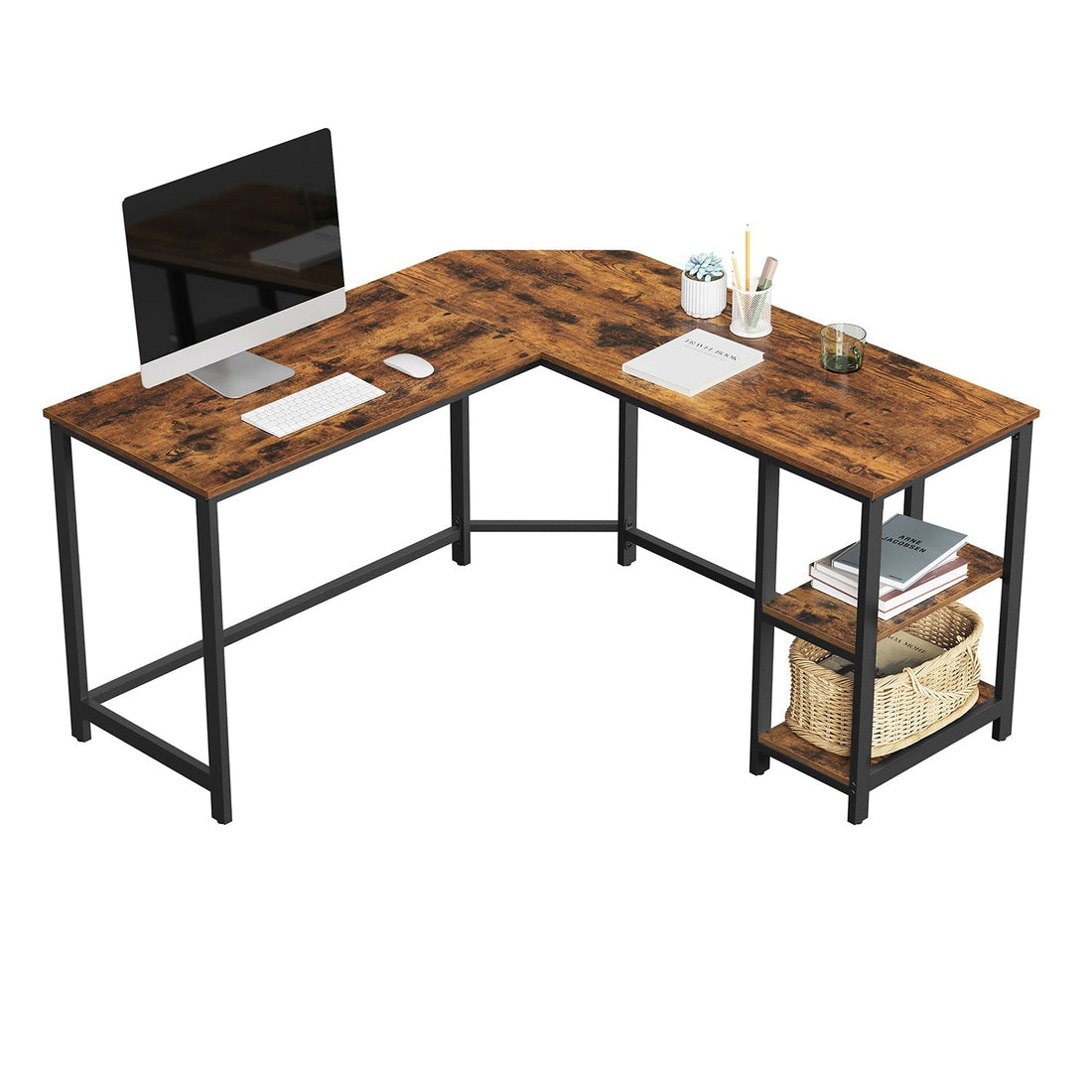 L-vormig computerbureau – vintage – zwart metalen frame – verstelbare poten – 138 x 138 x 75 cm