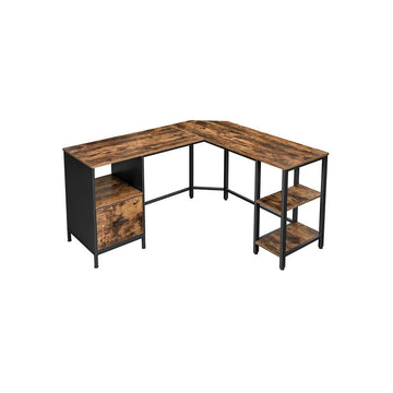 L-vormig computerbureau met opbergruimte, vintage bruin-zwart, 137 x 150 x 75 cm