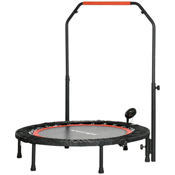 Mini trampoline met handgreep en LCD-monitor | Kleur: Zwart+Rood | Afmetingen: 102x102x99-123 cm