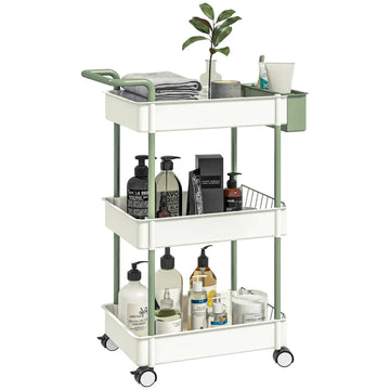 3-laags trolley met mandje - Badkamerorganizer | Kleur: Wit+Groen | Afmetingen: 29.4x50x77 cm