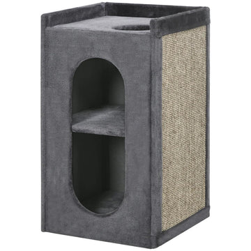 Kattentoren met krabmat en 2 kattenhuisjes | Kleur: Donkergrijs | Afmetingen: 45x45x81 cm