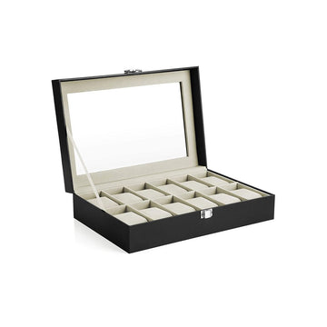 Horlogedoos 12 vakken met glazen deksel, horloge-etui, zwart/beige, 30,1 x 20,2 x 7,8 cm
