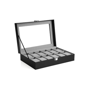 Horlogedoos met glazen deksel en slot, 12 horloges, zwart, 32 x 18,6 x 8,5 cm