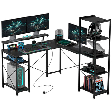 L-vormig bureau met laadstation en boekenkast | Kleur: Zwart | Afmetingen: 140x137x139.5 cm