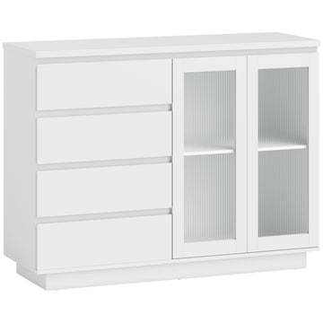 Moderne witte buffetkast met 4 lades en glazen deuren | Kleur: Wit | Afmetingen: 120x40x91 cm