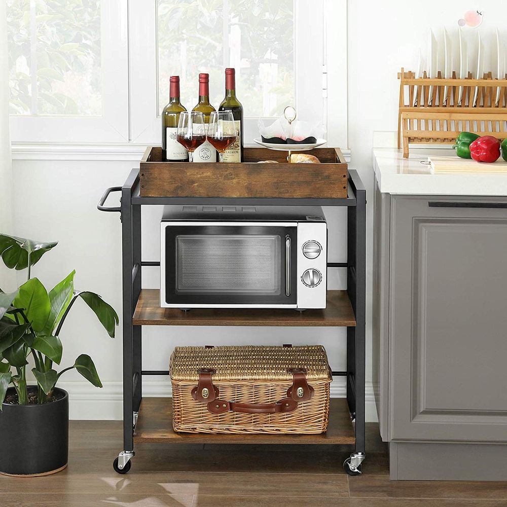 Keukentrolley met vintage bruin dienblad, hout, donkerbruin, 65 x 40 x 86 cm