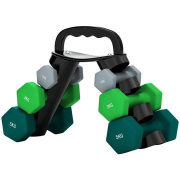 Dumbbellset met opbergrek - Hexagon halters | Kleur: Grijs, Groen | Afmetingen: 42x10x30 cm