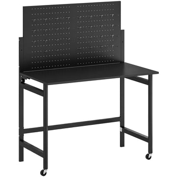 Opvouwbare werkbank met lochwand en wielen | Kleur: Zwart | Afmetingen: 115x62x143,5 cm