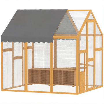 Houten kippenren met uitloop voor 6-8 kippen | Kleur: Geel | Afmetingen: 168x183x182 cm