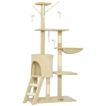 Krabpaal met kattenhuis, 4 speeltjes en sisal | Kleur: Beige | Afmetingen: 60x35x134 cm