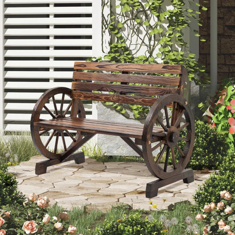 Gartenbank aus Holz mit Wagenrad-Armlehnen | Farbe: Charred | Maße: 56x105.5x79 cm