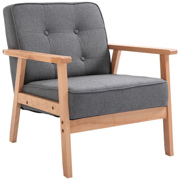 Retro armstoel van linnen | Kleur: Grijs en naturel hout | Afmetingen: 64,5x70x74 cm