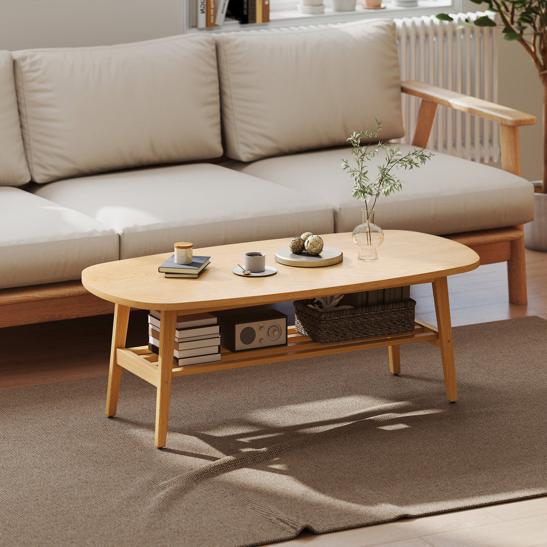 Couchtisch mit Ablageregal, ovaler Kaffeetisch | Farbe: Naturholz | Abmessungen: 120x60x42 cm