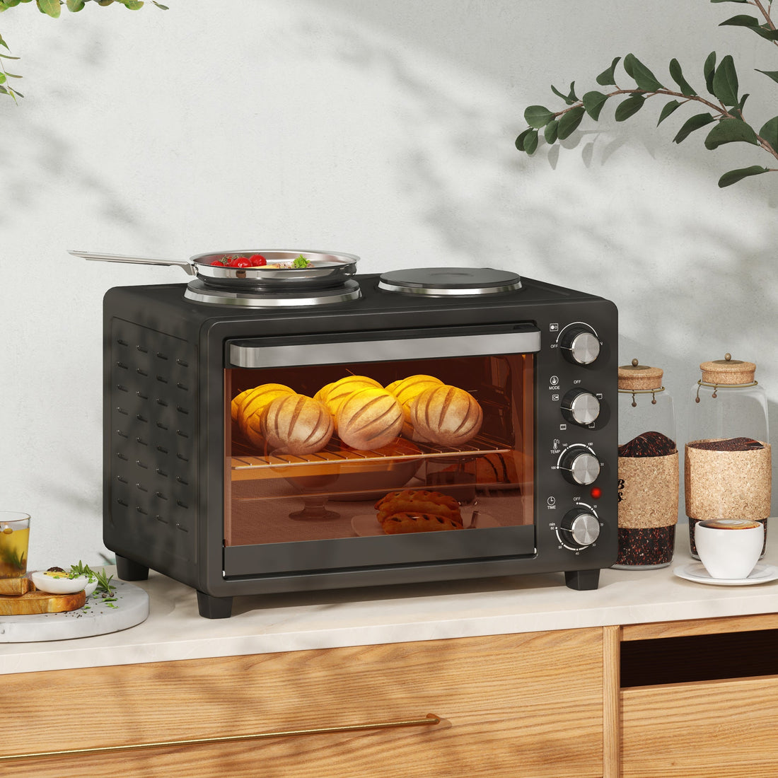 28L Mini-oven met grill en 2 kookplaten | Kleur: Zwart | Afmetingen: 48.6x36.3x33 cm