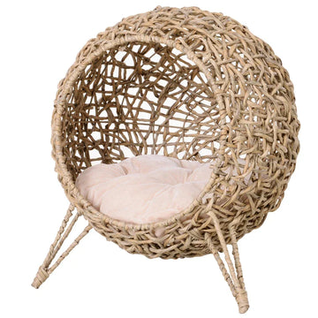 Kattenhuis van riet met kussen - Rond kattenbed | Kleur: Natuurlijk | Afmetingen: 52x52x58 cm