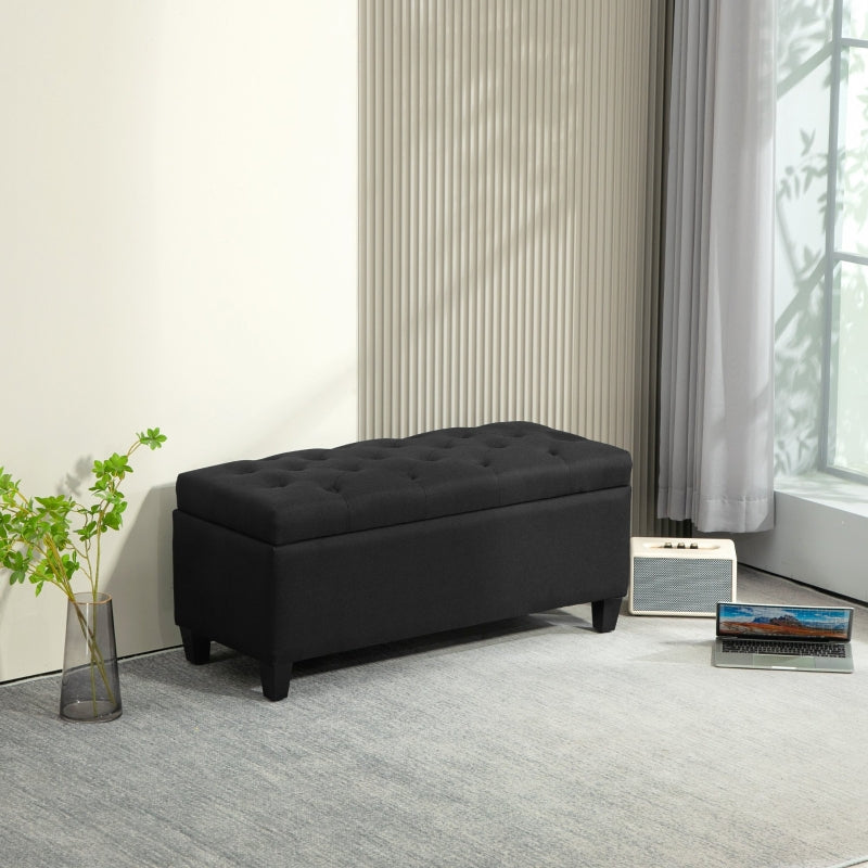 Vintage bedbank met opbergruimte en knoopdetails | Kleur: Zwart | Afmetingen: 40x100x44 cm