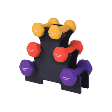 Halterset voor thuis - gietijzer met vinyl - 6 halters + standaard, 2x 1, 1,5 en 2 kg