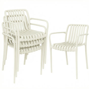 4-delige stapelbare tuinstoelen met armleuningen | Kleur: Cremewit | Afmetingen: 55x58,5x81,5 cm