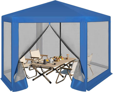 Zeshoekig tuinpaviljoen met muskietennet en zijwanden | Blauw | 380x330x328 cm