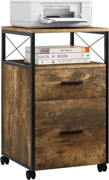Rollcontainer met 2 laden, open vak en wielen voor A4 Letter | Lichte eik | 40x40x69 cm