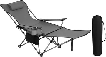 Campingstoel met rugleuning, voetsteun en bekerhouder | Grijs | 115x84x88,5 cm