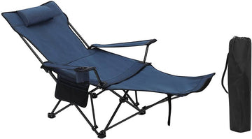 Campingstoel met rugleuning en voetsteun met bekerhouder | Blauw | 115x84x88,5 cm