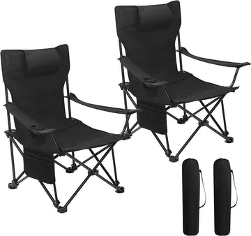 Opvouwbare campingstoel met rugleuning en bekerhouder 2-delige set | Zwart | 58,5x88,5x83 cm