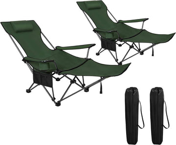 Campingstoel met rugleuning voetsteun bekerhouder 2-delige set | Groen | 115x84x88,5 cm