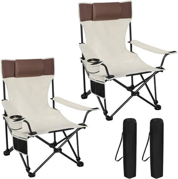 2-delige campingstoel met verstelbare rugleuning en bekerhouder | Beige | 58,5x88,5x83 cm