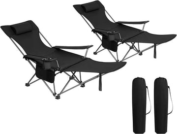 Campingstoel met rugleuning en voetensteun 2-delige set | Zwart | 115x84x88,5 cm
