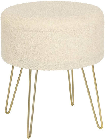 Ronde opberghocker met teddyfleece en metalen poten | Crèmewit | 39x39x44 cm