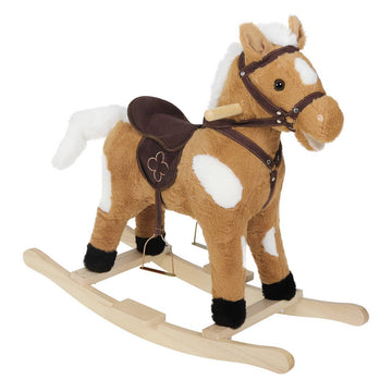 Schommelpaard met dierengeluiden en handgrepen | Bruin, wit, houtkleur | 78x28x65 cm