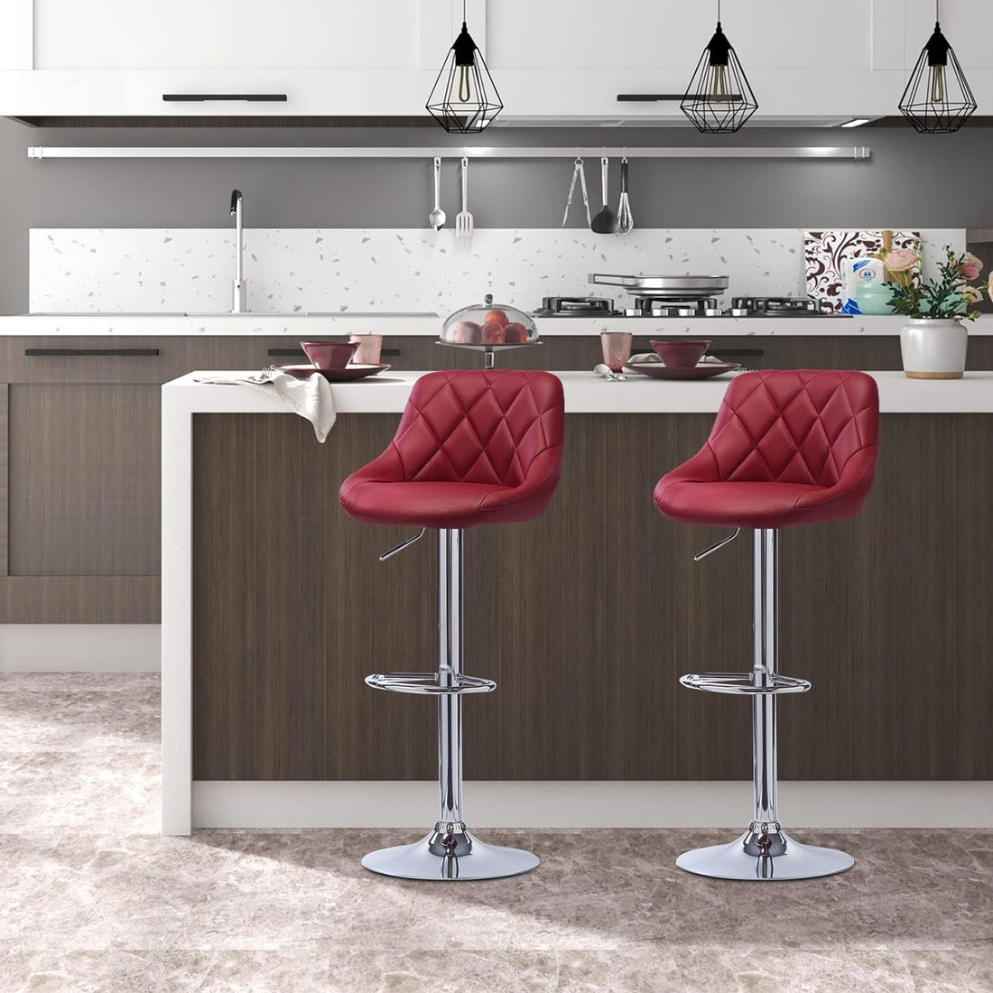 Set med 4 justerbara barstolar i konstläder | Bordeaux | 35x38x84-106 cm