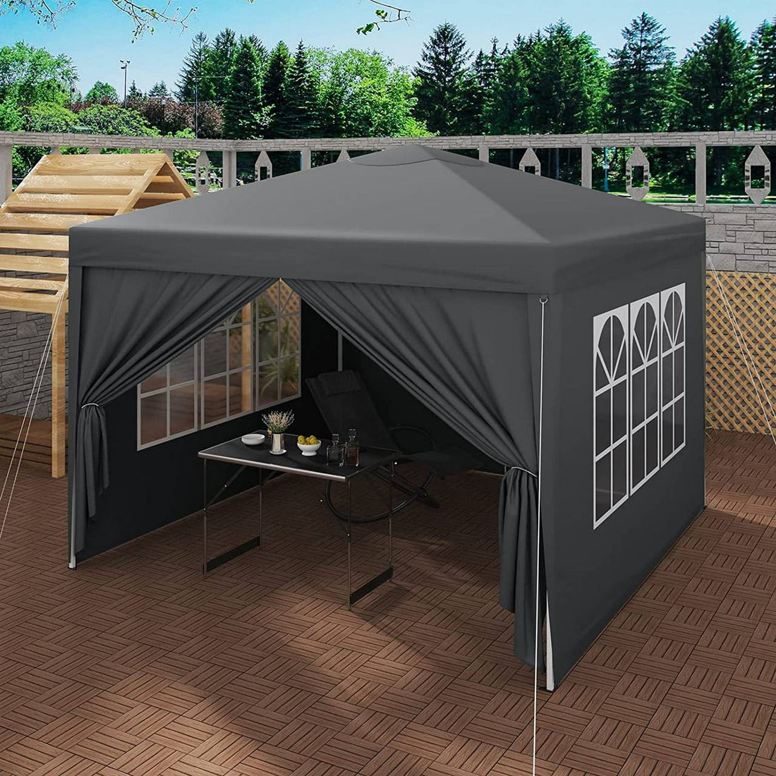 Waterdicht pop-uppaviljoen pagodetent voor camping | Antraciet | 300x300x250-258 cm