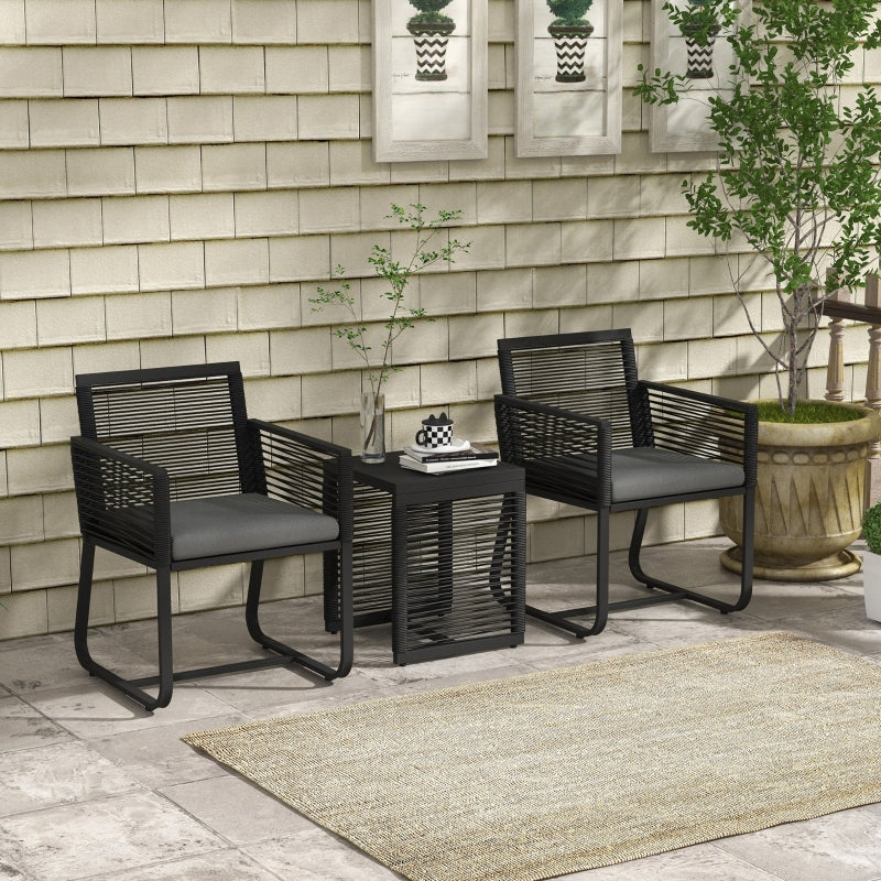 3-teiliges Rattan-Bistro-Set mit Glastisch | Farbe: Schwarz, Grau | Maße: 53x57x77 cm