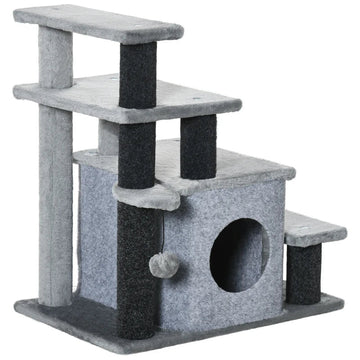 Verstelbare kattentrap met krabpaal en kattenhuis | Kleur: Zwart+grijs