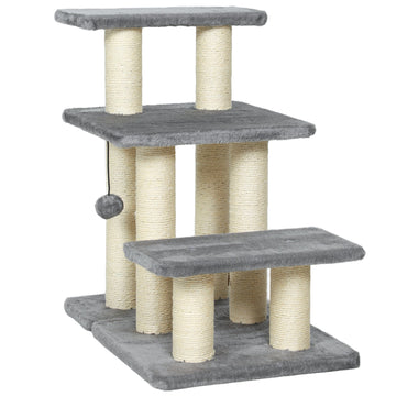 Huisdiertrap 3 treden met sisal voor kat en hond | Kleur: Grijs + Bruin | Afmetingen: 34.5x52x54 cm