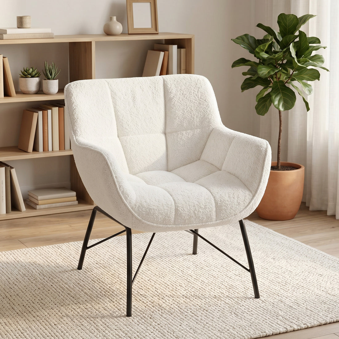Modern loungestol med sherpafleece | Färg: Gräddvit | Mått: 69x68x78,5 cm