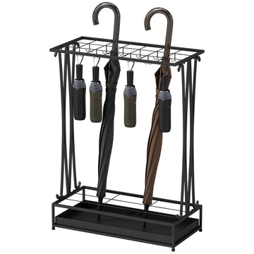 Paraplubak met 24 haken en 21 openingen | Kleur: Zwart | Afmetingen: 50x24x68 cm