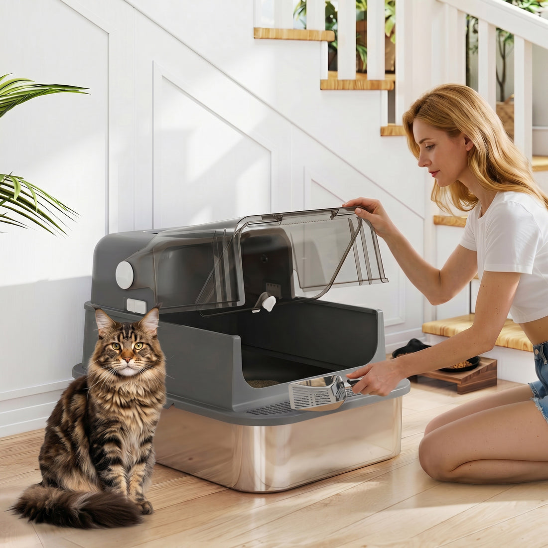 XXL kattenbak RVS met deksel voor grote katten | Kleur: Zwart | Afmetingen: 50x70x46,5 cm