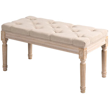 Vintage bankje - Gestoffeerde zitbank | Kleur: Beige | Afmetingen: 40x80x43 cm