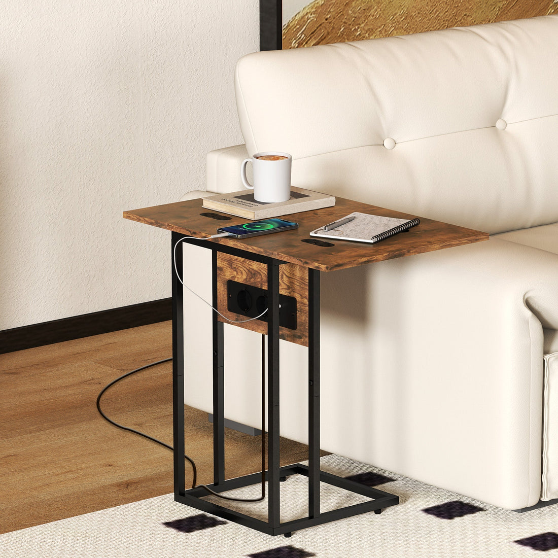 Vikbart sidobord med USB | Färg: Brun, Svart | Mått: 39x29x57 cm