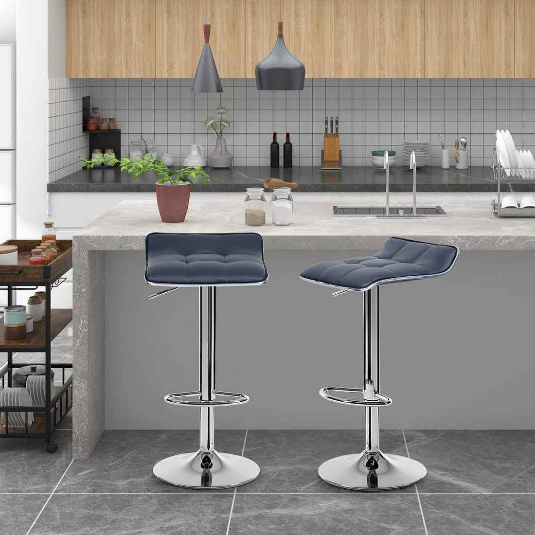 2 verstelbare barhockers van kunstleer | Grijs | 38x40x64-86 cm