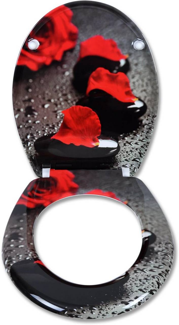 Ovaler Duroplast WC-Sitz mit Absenkautomatik und Rosenmotiv | Rosa | 37,1x45,5x1,8 cm