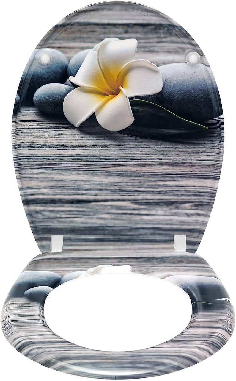 Toilettensitz mit Absenkautomatik und Blumendessin | Weiße Frangipani | 45x37x3,8 cm