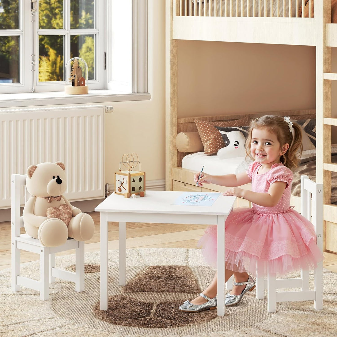 Kindertafel met 2 kinderstoelen voor kinderkamer | Wit | 60x50x48,5 cm