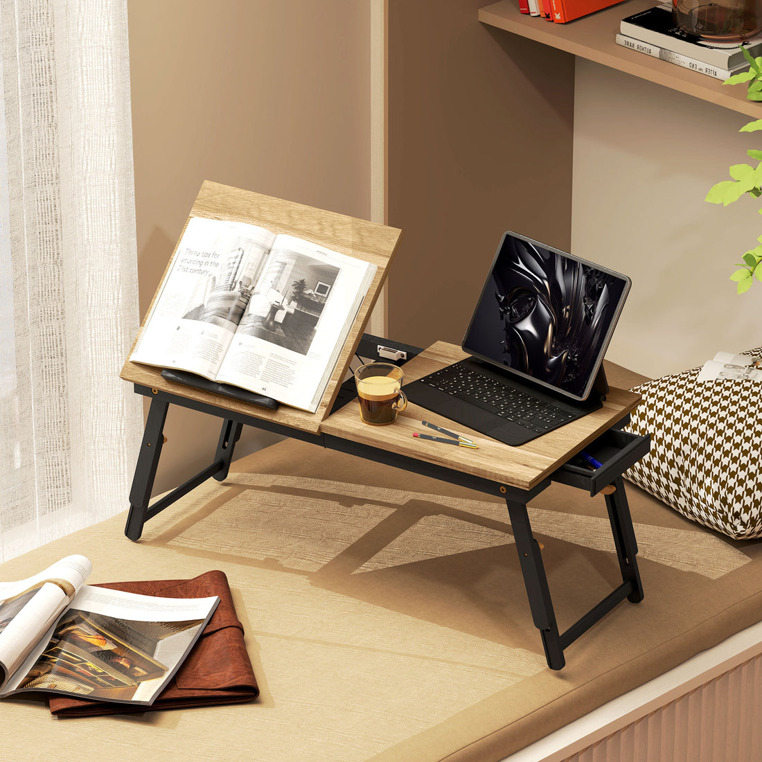 Betttisch Laptoptisch verstellbar mit Schublade | Farbe: Eiche | Abmessungen: 83,5x33x34 cm